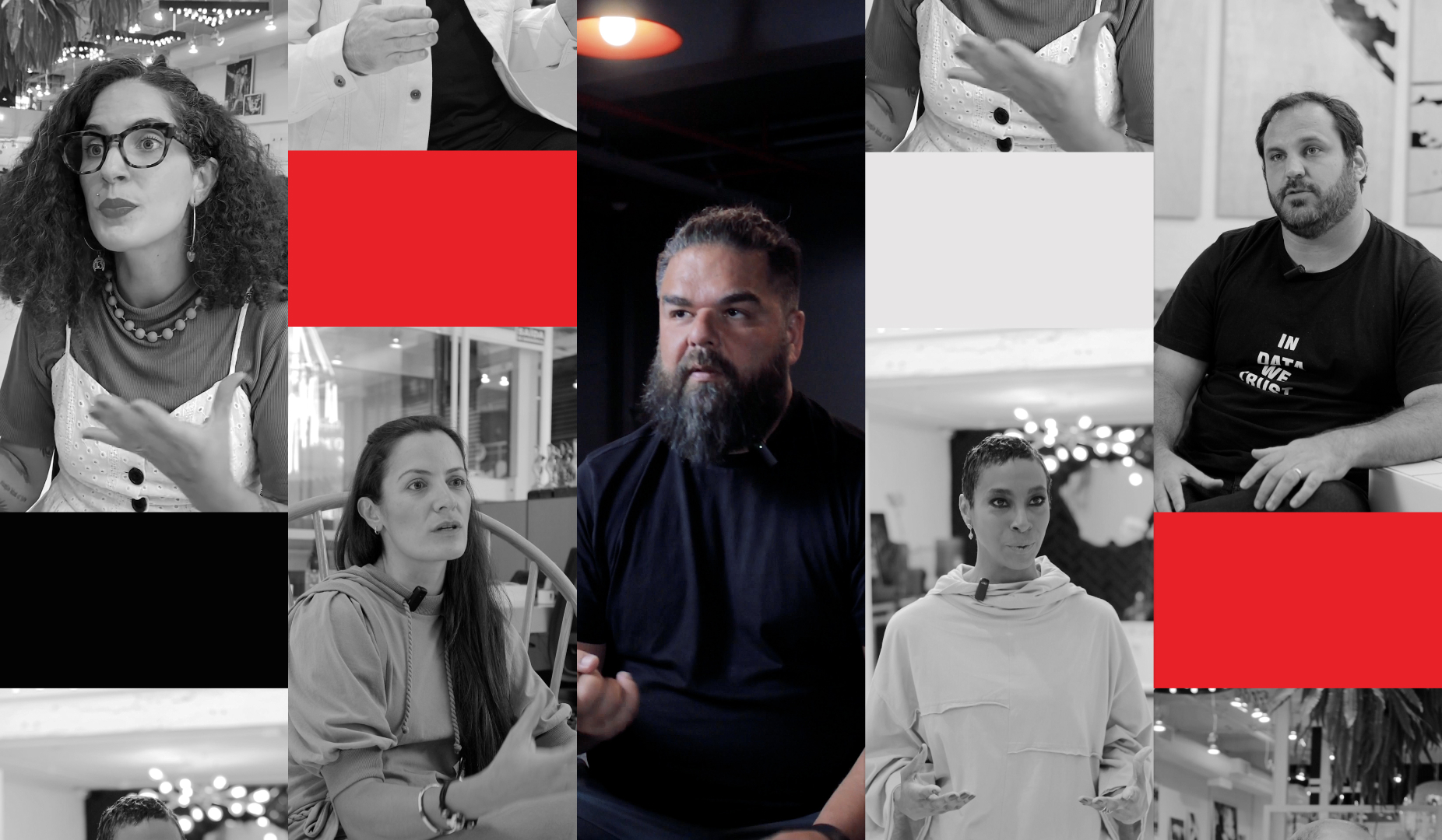  Mosaico com fotos dos especialistas da B&Partners e alguns elementos vermelhos 