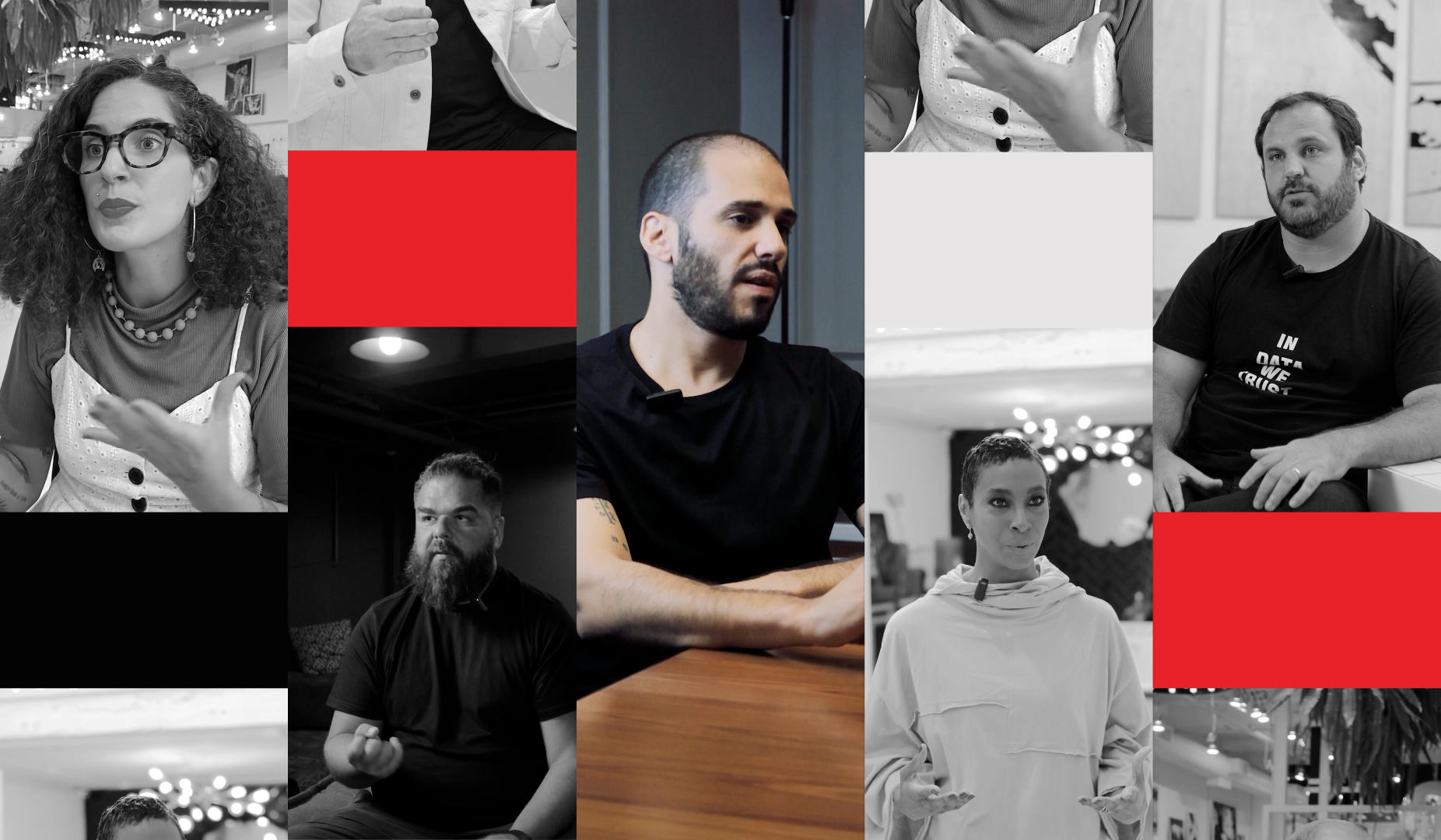  Mosaico com fotos dos especialistas da B&Partners e alguns elementos vermelhos 