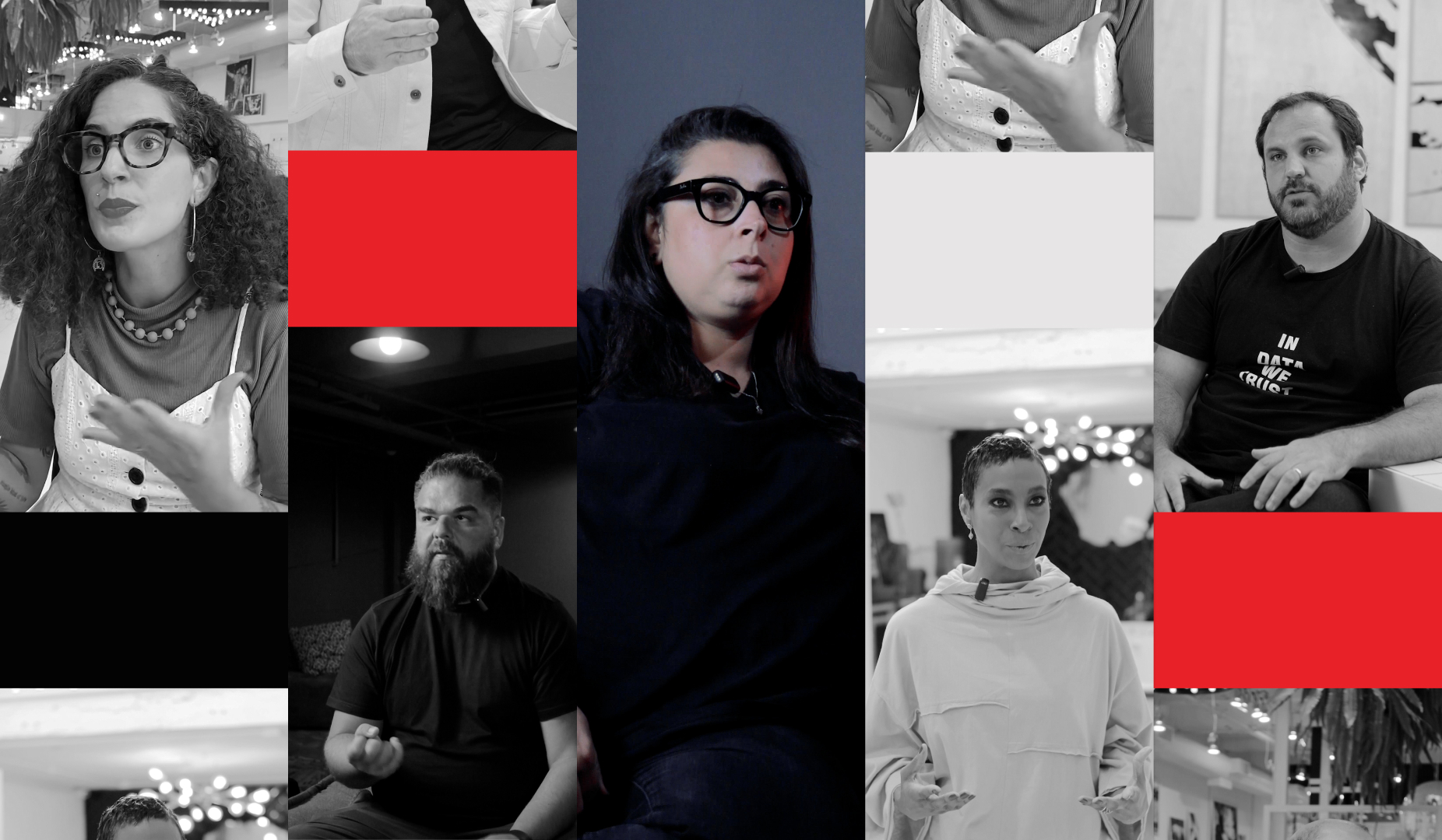  Mosaico com fotos dos especialistas da B&Partners e alguns elementos vermelhos 