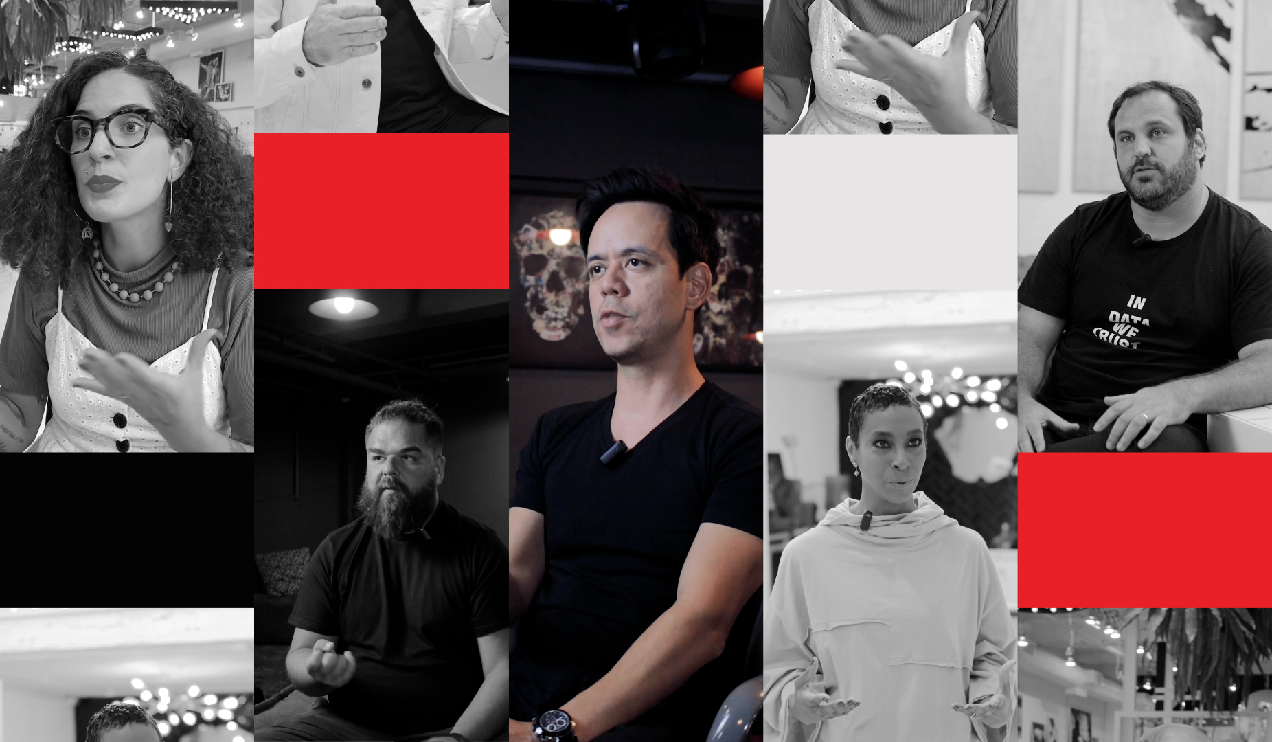  Mosaico com fotos dos especialistas da B&Partners e alguns elementos vermelhos 