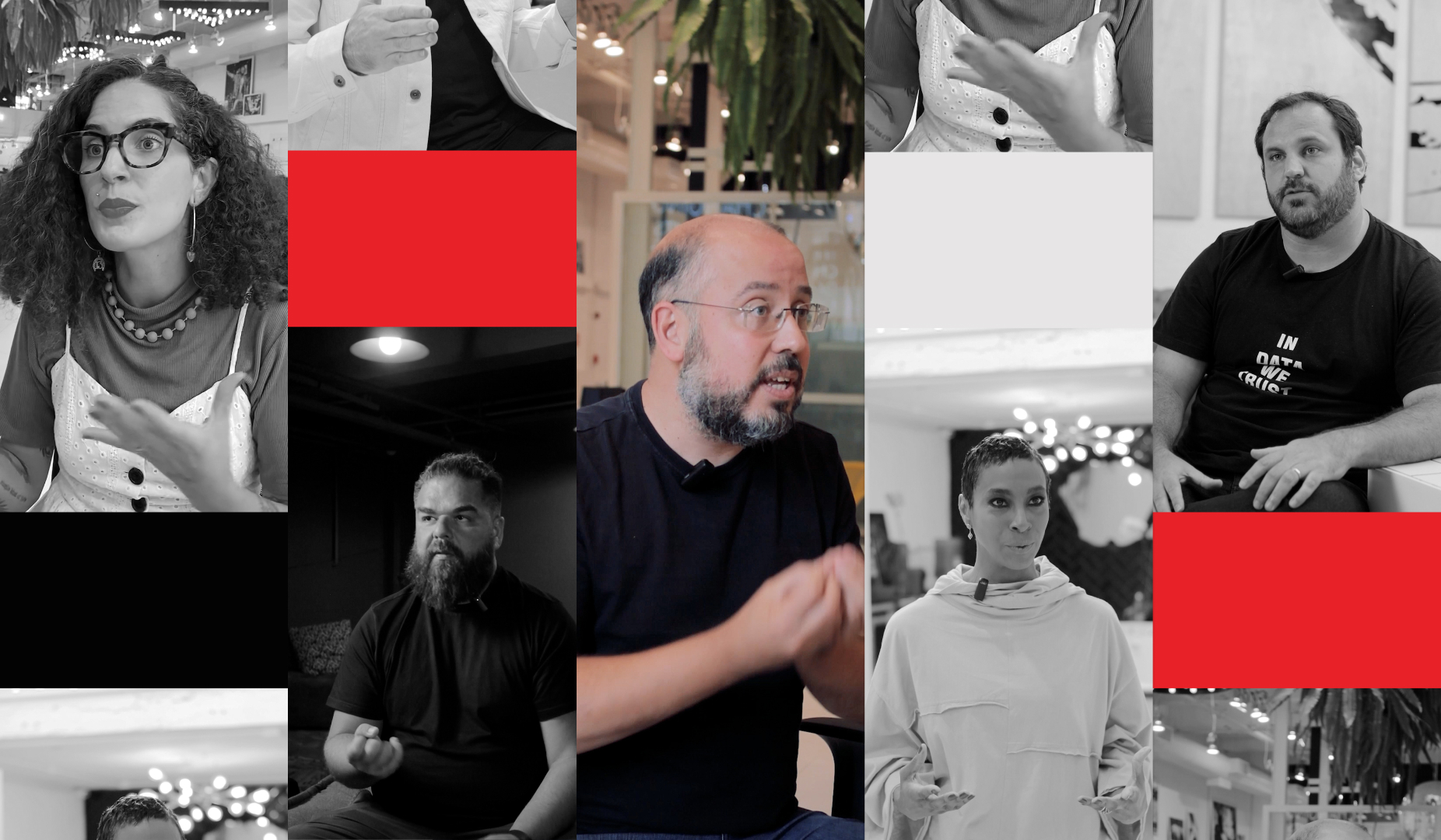  Mosaico com fotos dos especialistas da B&Partners e alguns elementos vermelhos 