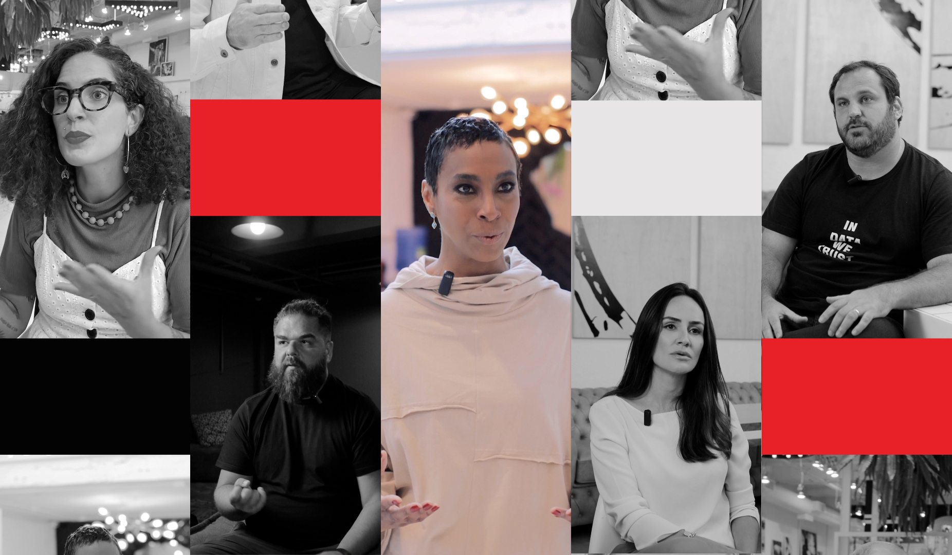  Mosaico com fotos dos especialistas da B&Partners e alguns elementos vermelhos 