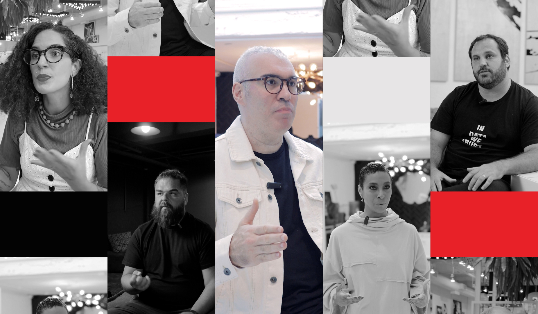  Mosaico com fotos dos especialistas da B&Partners e alguns elementos vermelhos 